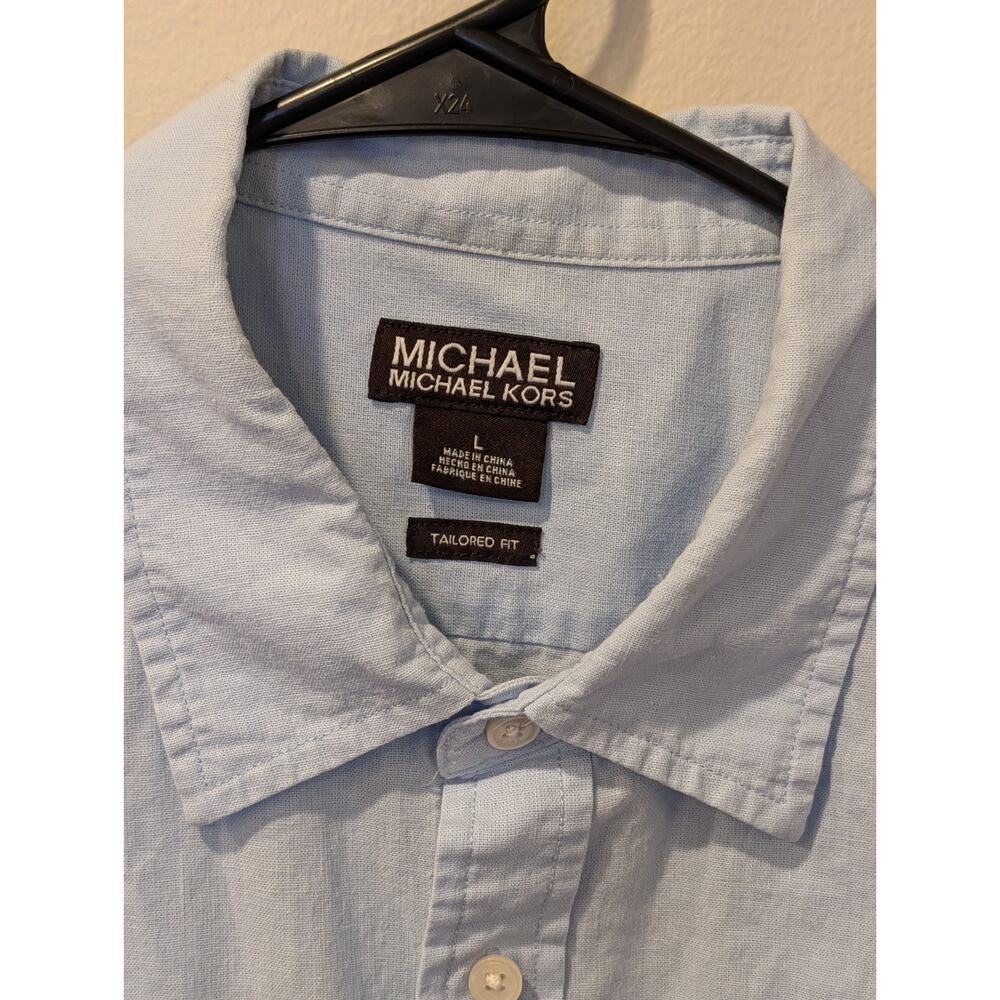 Michael Kors Tailored Fit Light Blue Linen-Cotton Short Sleeve Button-Up L - Picture 2 of 12
